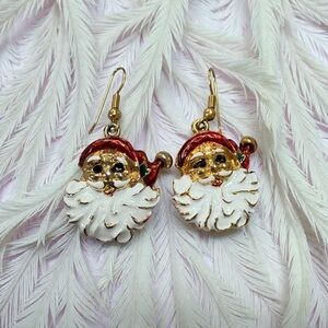 Festive Enamel Painted Santa Claus Earrings in Gold & White